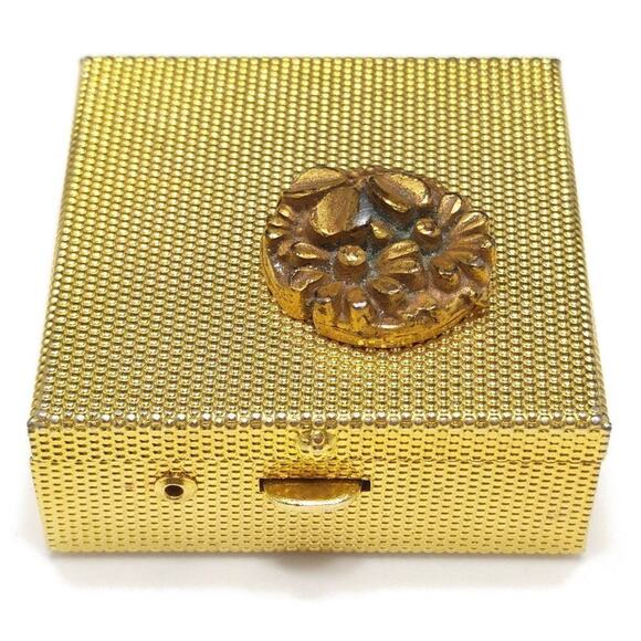 Vintage Flower Pill Box, Textured Gold Tone, Push Button Clasp, 1 3/8 Inches - Picture 1 of 10